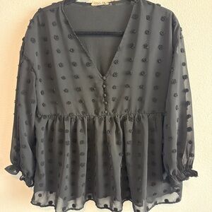 Elegant Black Sheer Women's Top with black textured polka dots